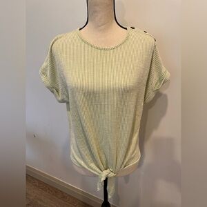 Gyft green  ribbed tie front top T-shirt L button detail on shoulder